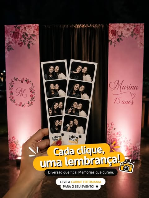 Tiras de fotos da Cabine Fotomania em festa de 15 anos com cenário floral