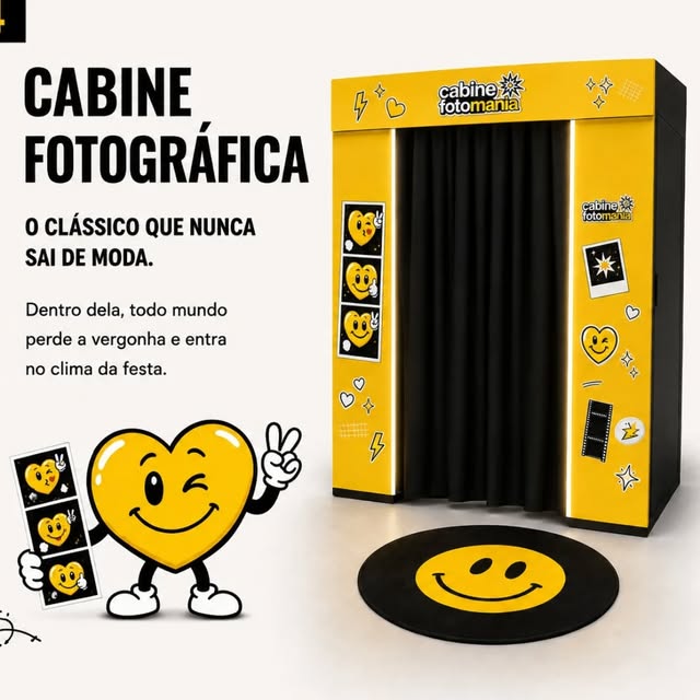 Cabine fotográfica da Cabine Fotomania montada com tapete personalizado